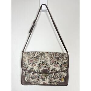 Vintage French Luggage Tapestry Briefcase Bag Brown Floral Laptop Satchel 90s
